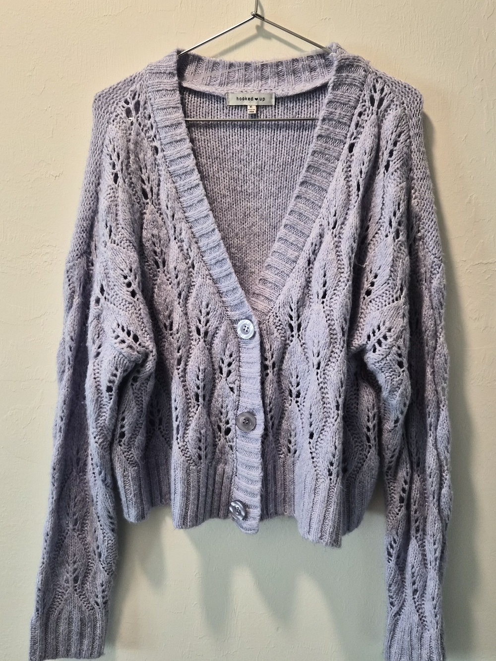 Lavender Open-Knit V-Neck Cardigan Sweater